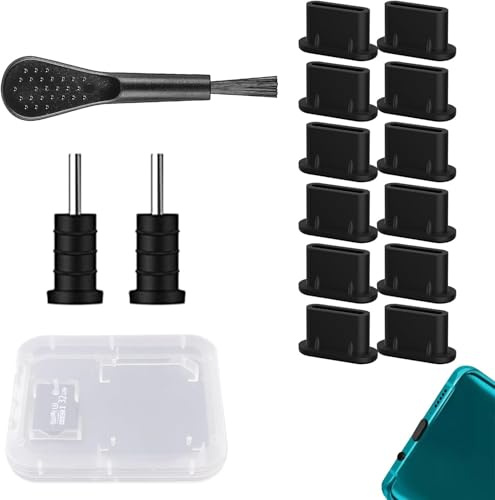 YEDOUALE USB C Staubschutz Set 12 Stück Silikon Schutzkappen Schwarz für Ladeanschluss Handy Tablet – wasserdichte Abdeckung mit Reinigungsbürste und Aufbewahrungsbox für Staubfrei Reinigung Unterweg