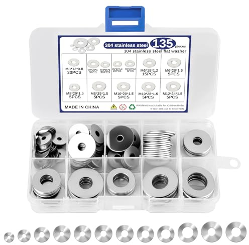 Große Unterlegscheiben Set 135 Stück, Edelstahl Flach Unterlegscheiben, 12 Größen Beilagscheiben Set M3 M4 M5 M6 M8 M10 M12, Karosseriescheiben zur Reparatur