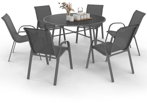 IDMarket - Salon de Jardin Madrid Table Ronde 120 cm, 6 chaises empilables | Coloris gris anthracite