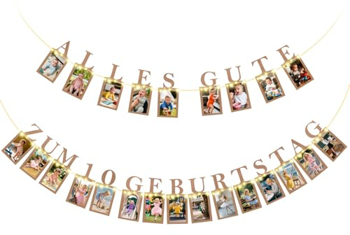Seutgjie Fotogirlande zum 10. Geburtstag Mädchen Junge Deko mit Licht | 10. Geburtstag Banner mit LED-Lichterkette und 24 Glitzerkarten für Fotos von 1 bis 10 Jahre