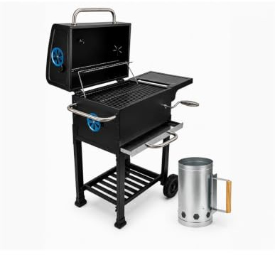 JARDIN202 - Barbacoa de Carbón con Tapa y Termómetro Kansas | Grill Ajustable con Parrilla Cromada y Calentador Superior| Ruedas Grandes | (Set BBQ + Encendedor)