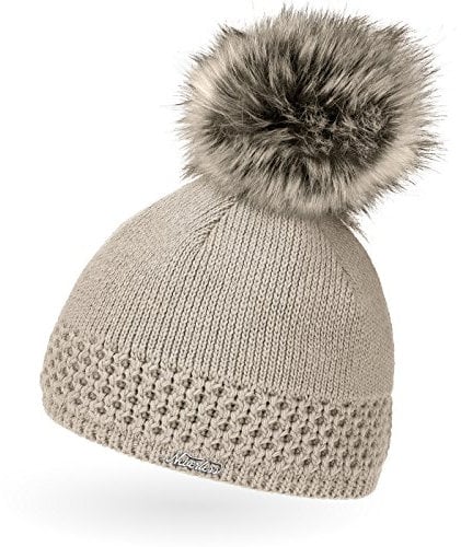 Neverless® gefütterterte Damen Strickmütze mit Fell-Bommel, Kunstfell, Winter-Mütze, Bommelmütze, hell-beige Unisize