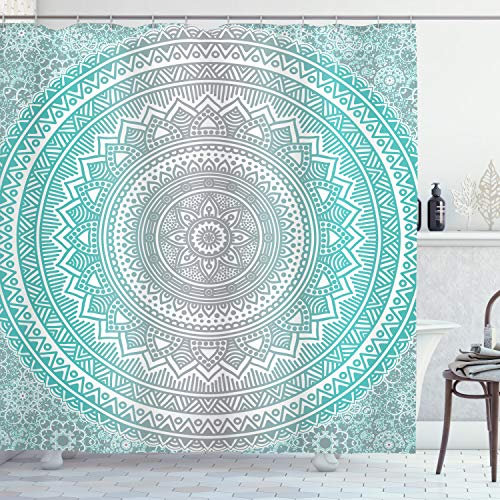 ABAKUHAUS Grau und Aqua Duschvorhang, Tribe Mandala, Stoffliches Gewebe Badezimmerdekorationsset mit Haken, 175 x 240 cm, Aqua Grau