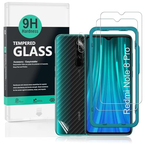 Ibywind 2 Pièce Verre trempé de Protection pour Redmi Note 8 Pro,avec Protection de Verre trempé pour caméra arrière, arrière Effet Fibre de Carbone