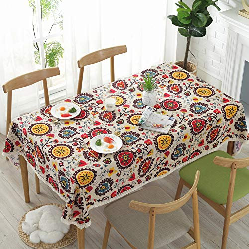 meioro Tischdecken Leinen Baumwolle Tischdecke Sonnenblume Tischtuch Rechteckige Spitze Tischwäsche Mehrzweck Indoor und Outdoor Haus Dekoration(140 x 200 cm)