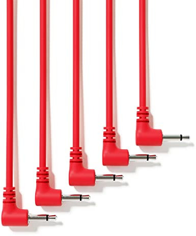 ExcelValley - 5-Pack - Rechtwinkliger Mono Modular Patchkabel - 3,5mm 1/8 Eurorack Synthesizer [Rot | 10 cm - 3,94]
