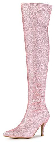Allegra K - Stivali alti da donna con punta glitterata, tacco a spillo sopra il ginocchio, Rosa (rosa), 38 EU