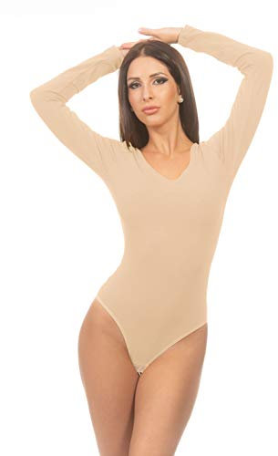 Magi Langarm Damenbody | Stringbody mit Rundhals |Overall Bodysuit Ballett Trikot für Frauen | Unterzieh-Body mit optimaler Passform | sportlicher Tanz-Body (2XL, Beige)