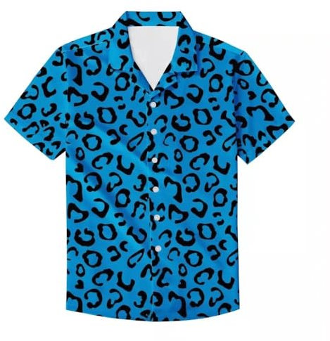PinUp Angel Funky Hawaiian Shirt Men Short Sleeve Leopard Polka Dots Print Button Down Top Tee, Blue Leopard, Medium