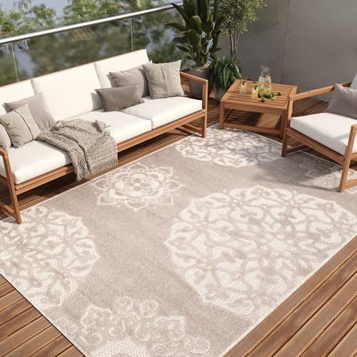 TAPISO Patio Teppich Outdoor Indoor Beige Grau Blumen Ornament 120 x 170 cm | strapazierfähiger Teppich UV-beständig Flachgewebe Sisaloptik Robust Wetterfest Terrasse Wintergarten Balkon OEKO-TEX