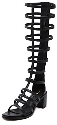 Gladiatore Sandali per le Donne Al Ginocchio Alta Moda Estate Tacco Medio Punta Aperta Classica Gabbia Stivali Alti, Nero , 39 EU
