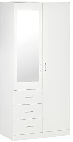HOMCOM Armario Ropero de 2 Puertas con Espejo 3 Cajones Estantes Ajustables y Barra para Colgar Incluida Mueble Auxiliar para Dormitorio Habitación 80x50x180 cm Blanco