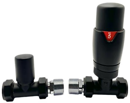 Greened House Oslo Black Straight Designer TRV Thermostatic Radiator & Towel Rail Valve Oslo Straight Black TRV and Lock Shield Valve Set 1/2 - 15mm