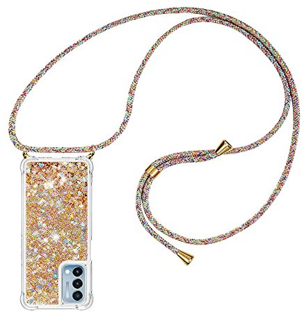 YMCASE Handykette Hülle Kompatibel mit Oppo A54 5G/A74 5G - Quicksand Glitzer Band Silikon Handyhülle Kordel Umhängenband Schnur Treibsand Case zum Umhängen, Golden
