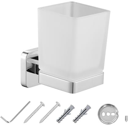 JASSFERRY Wall Mounted Toothbrush Tumbler Holder Single Frosted Glass Tumbler Toothpaste Organizer Storage Square Cup Chrome
