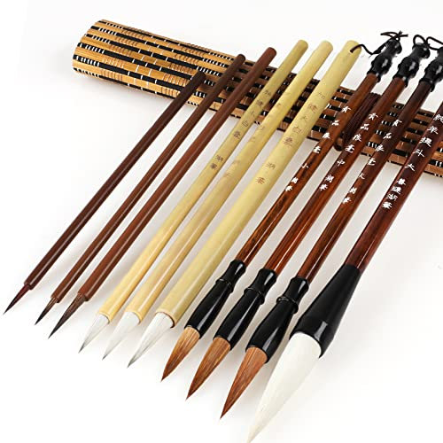 Weysoo 10 Pcs Calligraphy Brush, Chinese Calligraphy Set Mixed Sizes Chinese Calligraphy Brush for Watercolour painting Drawing Kanji Japanese Writting (with Brush Bag)