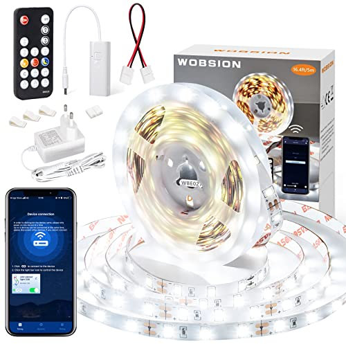 wobsion Led Band Weiß 5m,Bluetooth Streifen Selbstklebend Mit Fernbedienung Dimmbar,Superhell Strip Weiss 300 LEDs,6000K Kaltweiß Leiste Handysteuerung Für Schlafzimmer,Küchen