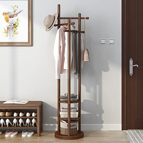 KungFuWood Garderobenständer, Drehbarer Gaderobenstaender aus Holz mit 3 Ablageflächen und 3 Querstangen, Stabiler und Einfache Montage Jackenständer für, Flur, Schlafzimmer, Büro(Walnuss)
