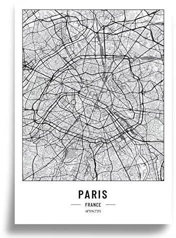 Poster Stadtplan | Moderne minimalistische wandbild Stadtkarten | Schwarz Weiß deko haushalt |w anddeko Kunstdrucke für Wanddekoration weltkarte | Geschenk fur haus | Papier 250gr Paris A3