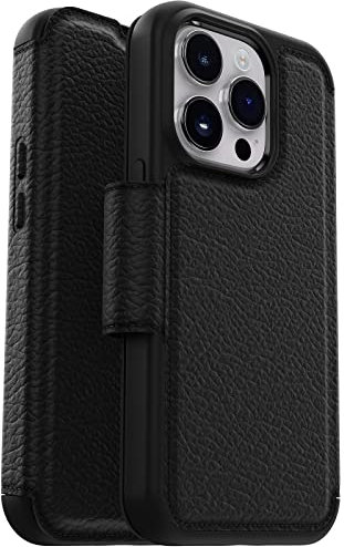 OtterBox Strada Series Schutzhülle für iPhone 14 Pro (nur) – Shadow (schwarz), Kartenhalter, echtes Leder, taschenfreundlich, Folio-Schutzhülle
