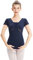 Ballett-Gymnastikanzug für Damen, Netzgewebe, kurzärmelig, Tanzkleidung, rückenfrei, mit abnehmbarem BH-Pad für Damen, marineblau, 36