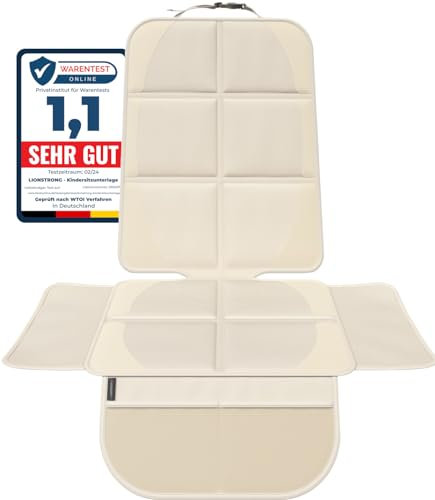 LIONSTRONG® Kindersitzunterlage Autositzschoner [ISOFIX GEEIGNET] - wasserabweisender Polyester Stoff creamweiß - Sitzschutz Sitzschoner Auto Kindersitz - universell kompatibel (Creme)