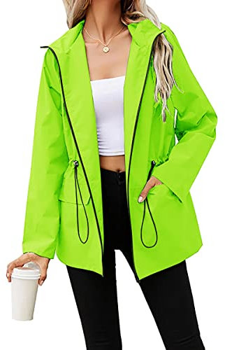 PESION Damen Wasserdichter Regenmantel Leichte Regenjacke Kapuze Windbreaker mit Taschen für Outdoor Klettern Wandern Fisch, 02 - Neongrün, XXL