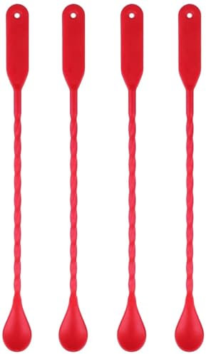 Koala Spain (24 Unidades) Cucharillas Largas Cocktail de Plástico Trenzadas con Rallador, Color Rojo