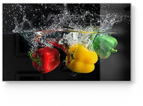 DEQORI Frühstücksbrett Glas | klein 23x14 cm | Motiv Drei Paprika im Wasser | Design Schneidebrett für Küche | Frühstücksbrettchen antibakteriell & rutschfest | Glasplatte & Servierplatte