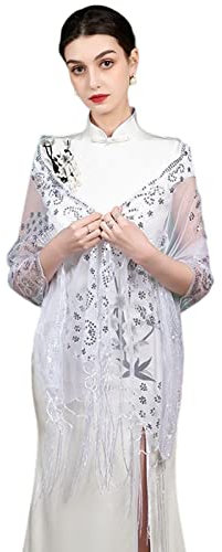 GIBZ Damen Pailletten Schal mit Phoenix Stickerei Quaste Lange Glitzer Stola Wraps für Hochzeit Abendkleider Party, Weiß