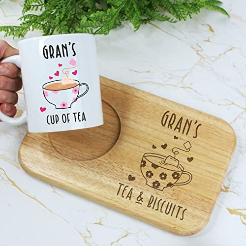 Gran's Tea & Biscuits Board & Mug Set, Wooden Treat Board with Cup of Tea Mug, Snack Tray, 350ml Coffee Mug, Mother's Day, Birthday Gifts for Gran