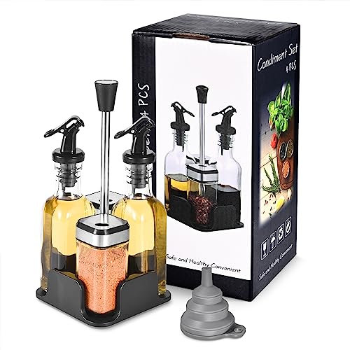 FNLLC Salz und Pfefferstreuer/Essig und Ölflaschen set,2 Ölflasche 200ML,2 Gewürzgläser mit Schraubdeckel aus Edelstahl 120ML,Menage set,Öl und Essigspender