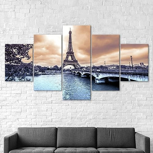 Tableau Multi Panneau 5 Parties Decoration Murale Tableau Imprimé sur Toile 5 Pieces Toile Tableau Tableaux Decor Murale Salon XXL Chambre Decor Tour Eiffel Romantique Paris France Cadeau 200x100cm