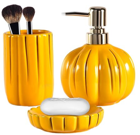Keramik Badezimmer Set 3 Teile, Kürbis Lustige Badezimmer Deko, Badezimmer Organizer - Zahnbürstenhalter, Seifenspender, Seifenschale, Gelb