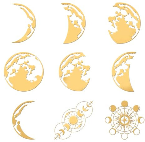 OLYCRAFT 9 Stück 4x4cm Goldene Metallaufkleber Mondphasenaufkleber Selbstklebende Mondaufkleber Fantasy Thema Goldene Epoxidaufkleber Für DIY Sammelalben Epoxidharz Wasserflaschendekoration