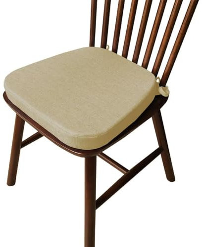 Hovoto 2er Set Stuhlkissen mit Bändern, rutschfeste Hufeisen Sitzkissen, Leinen Memory Baumwolle Kissen Einfarbig Dicke Sitzauflagen für Zuhause, Küche, Esszimmer, Beige