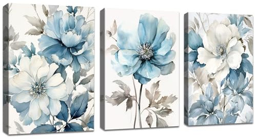 3 Pcs Leinwandbilder Bilder mit Rahmen Graue und blaue Blumen Tinte bild auf leinwand Wandkunst Modern Wandbilder Kunstdruck Deko für Wohnzimmer Schlafzimmer fertig zum Aufhängen 120x60cm(40x60x3)