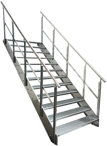 Kaminbau Mierzwa Premium Stahl Treppe mit beidseitigem Geländer komplett Verzinkt / 12 Stufen (Breite 1400 mm) (Höhe 228 cm) Wetterfest Gitterroststufe Gartentreppe