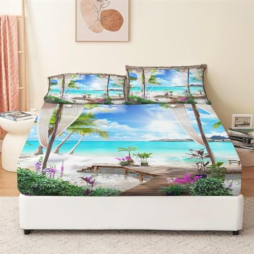3D Tropisches Hawaii Spannbettlaken 140x200cm, Fensterblick Auf Das Meer Weiches Mikrofaser Bettlaken für Kinder, Bettlaken Spannbetttuch 140x200 bis 30 cm Matratzenhöhe a53