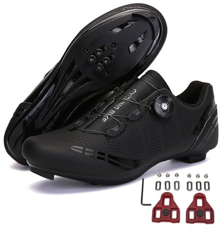 Treer Fahrradschuhe Herren Damen Rennradschuhe mit Cleats, SPD Schuhe Rennrad Schuhe Mountain Road Bikes Schuh Kompatibel Outdoor Radschuhe Fahrrad Indoor Spin 40 EU Schwarz