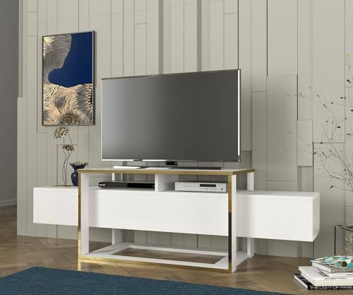 Dmora - Meuble TV Callisto, Buffet de Salon, Armoire Basse pour TV, Base Murale de Rangement, 160x46h50 cm, Blanc et Or