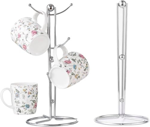 Unique Crafts Silver Mug Tree and Kitchen Roll Holder Set | 14x14x35cm | Durable Chrome Plated Metal | Scratch-Resistant Weighted Base | Elegant Countertop Organizer for Mugs, Towels & More