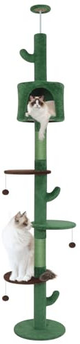 ARTETHYS Floor to Ceiling Cat Tree 260cm 5 Tiers Tall Cat Tower for Indoor Cats with Scratching Post Condo Platforms for Kittens Height Adjustable, Green