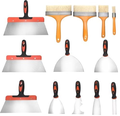 Plastering Tools Set,Wallpaper Scraper Set,13 Pieces Stainless Steel Drywall Hand Tool Paint Brush,Taping Knife,Putty Knife with Soft Handle, Plastering Tools for Drywall (13PCS)