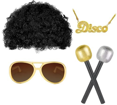 5 Stück Disco Kostüm Herren 70er 80er Jahre Disco Outfit Hippie Goldkette Perücke Männer Rapper Mikrofon,Hippie Kostüm Mann Abba Kostüm Hiphop Accessoires für Karneval Fasching Mottoparty