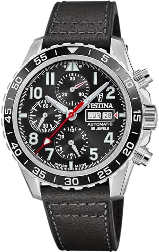 Festina Swiss Made Uhr Automatik Herren aus Leder Schwarz Uhr Analog | Herren, Kalender, Widerstandsfähiges Saphirglas, Wasserdicht 10 ATM Elegant F20056/3 Automatic