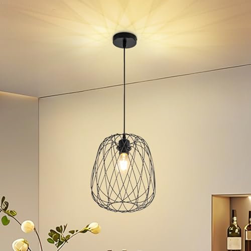 Glitzerlife Pendelleuchte Esstisch Hängeleuchte Vintage - Pendellampe E27 1 Flammig Hängelampe Schwarz Metall Deckenlampe Hängend Retro Esszimmer Küche Schlafzimmer Ohne Leuchtmittel Ø 25cm