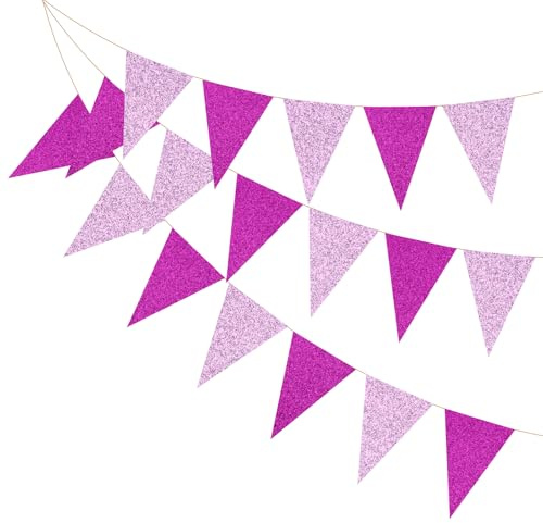 PATIKIL 16,5 Fuß Wimpelbanner Flaggen, 2 Stück Papier Dreieck Flaggen Wimpel Banner Girlande Vintage Wimpel Flaggen Schnur für Hochzeit Geburtstag, Pink/Rosarot