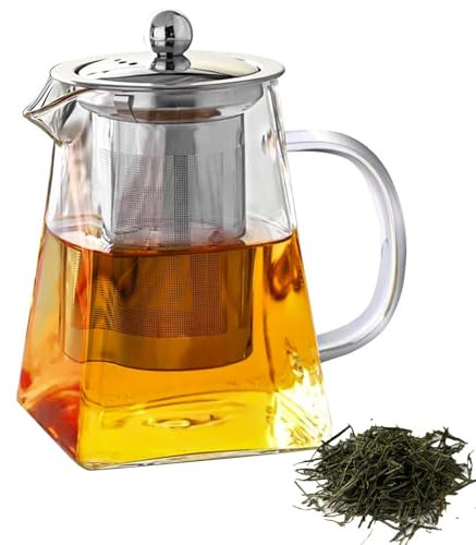 Vellivar Square Glass Teapots with Infuser, 950 ML Tea Pot Clear Large Teapot, Borosilicate Glass Tea Pot Infusers for Loose Tea Stovetop Safe Cold Heat Resistant Glass Teapot for 4