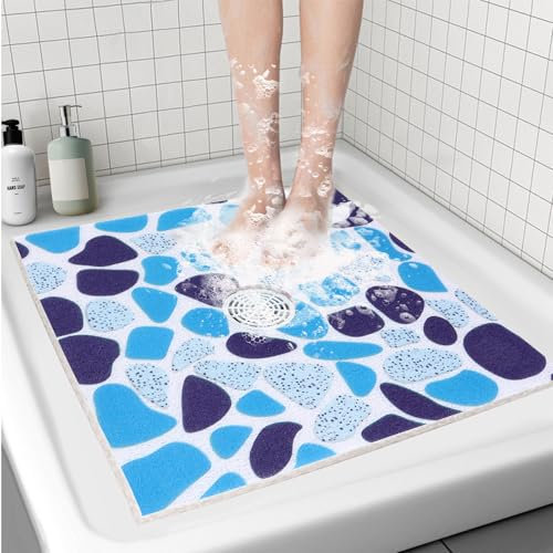 BWBIKE Tappetino da Doccia Quadrato 70 x 70 cm Tappetino da Bagno Antiscivolo Tappetino da Bagno in Luffa Morbida in PVC per Interni ed Esterni con Fori di Scarico,70 x 70cm,Blu con Foro